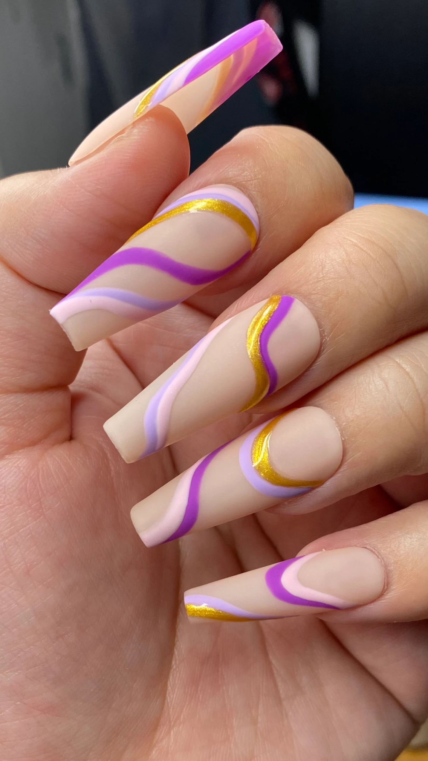 Purple and Gold Swirly Abstract Nails