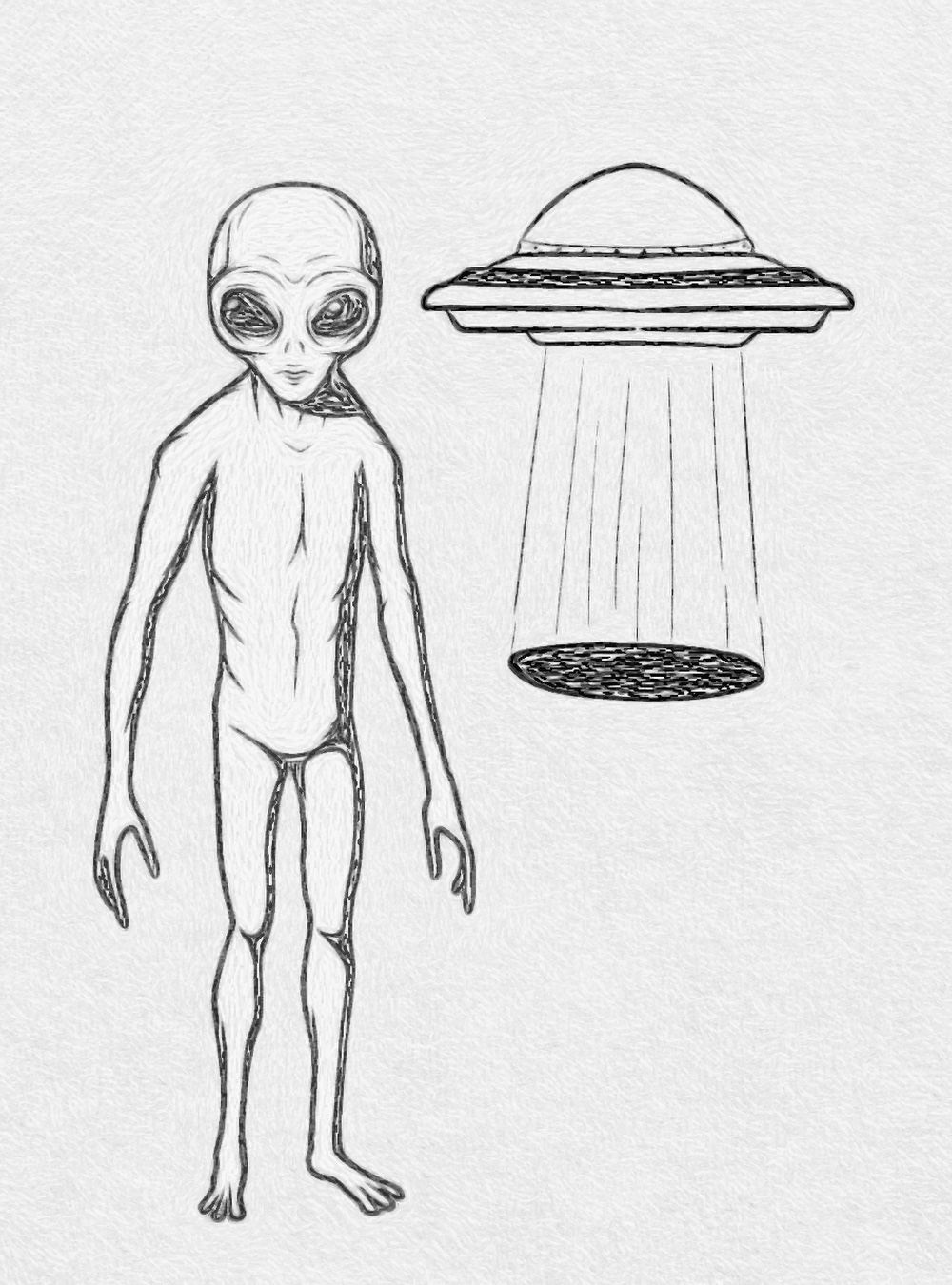 SIMPLE DRAWING OF AN ALIEN AND A SPACESHIP