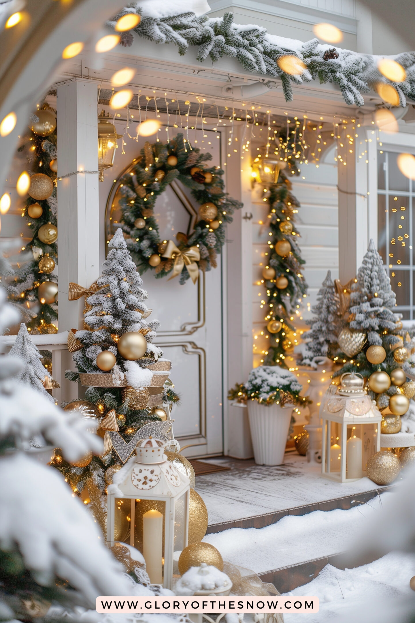 Christmas Decorating Ideas For Small Front Porch: Elegant Gold and White Christmas Porch