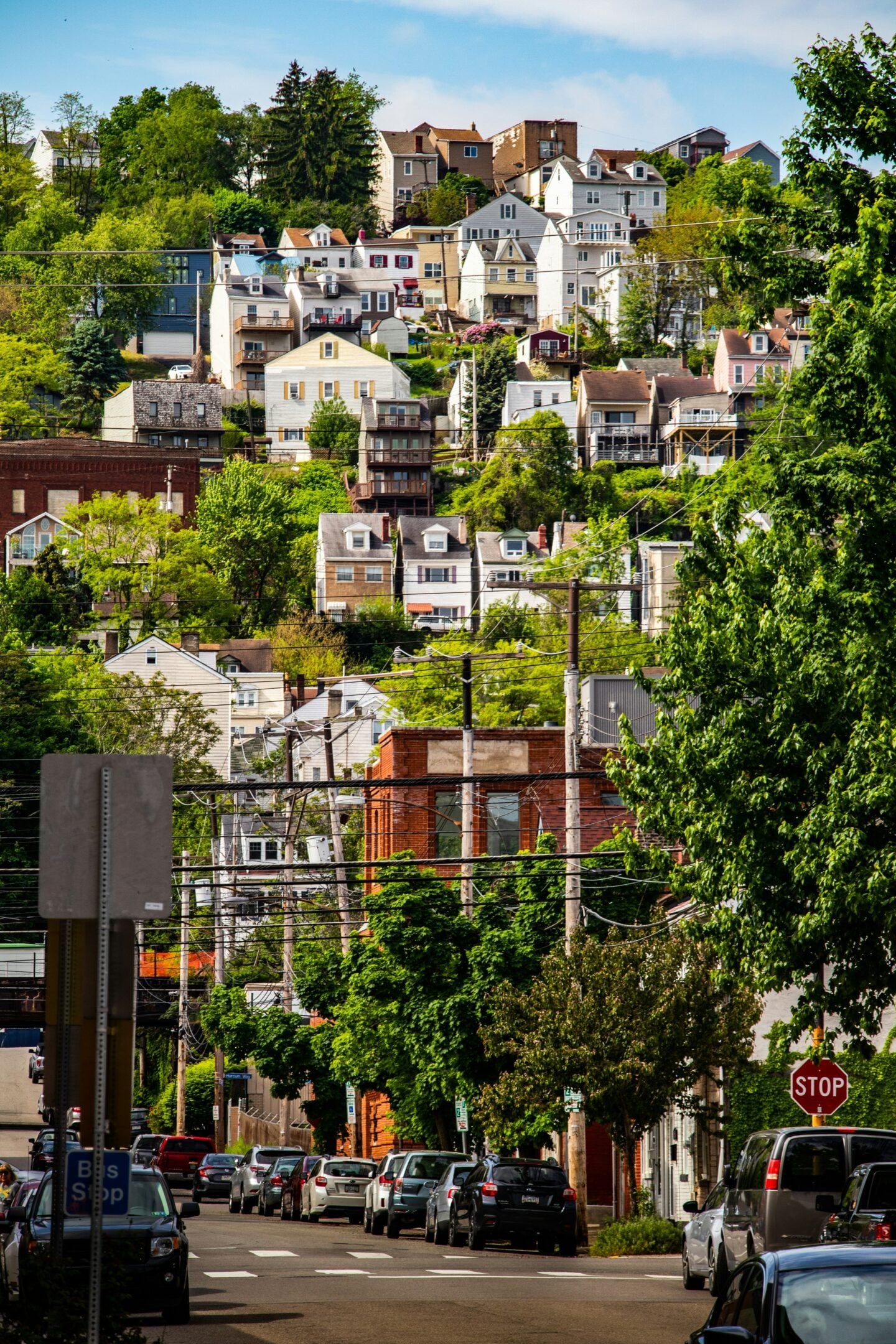 Residential neighborhood in Pittsburgh showing houses on a hillside 