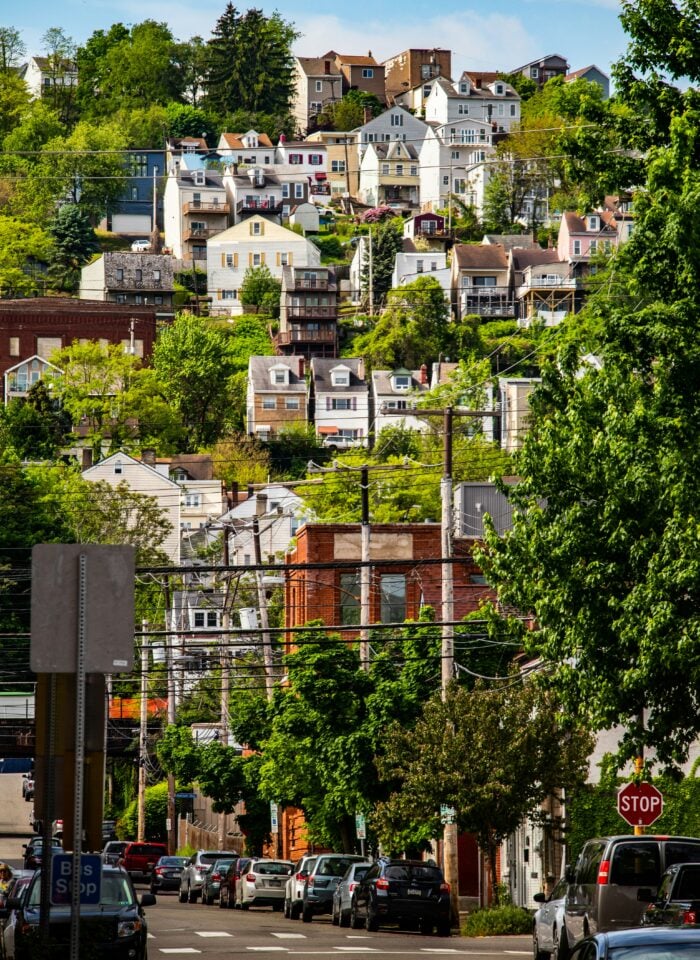 Residential neighborhood in Pittsburgh showing houses on a hillside