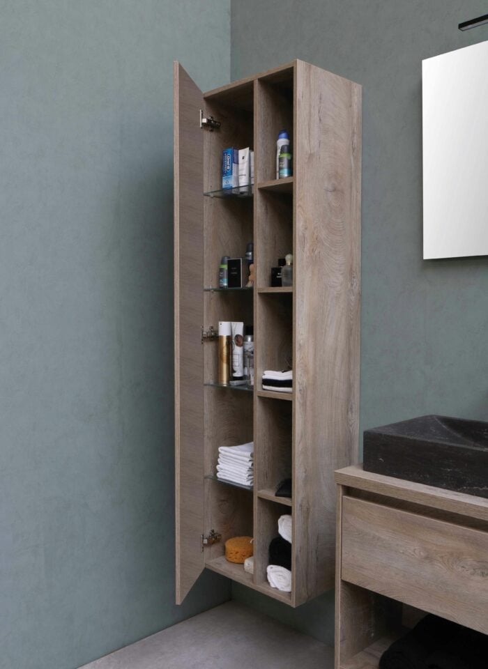 Wall-mounted wooden bathroom storage cabinet with open shelves and organized toiletries.