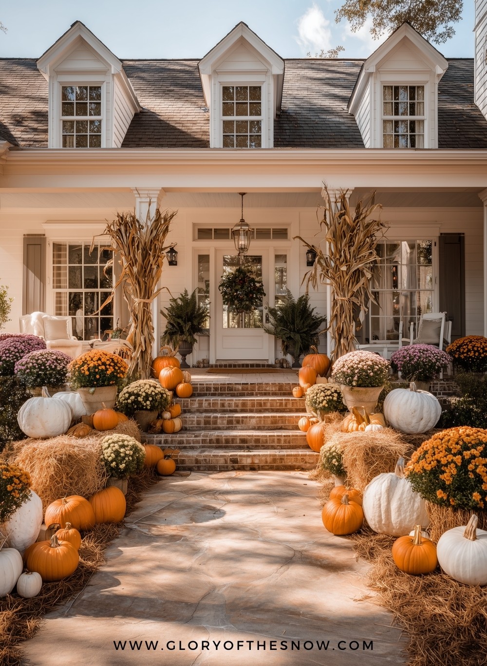 A Classic Fall Porch With Pumpkins And Mums