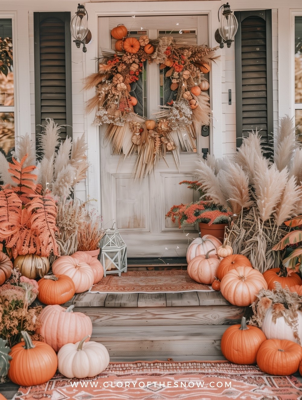 Vibrant Fall Porch With Pampas Grass And Pumpkin Wreath