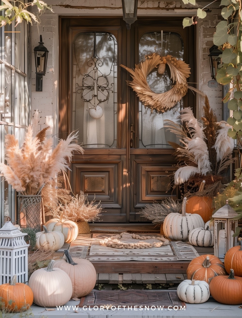 Earthy Autumn Porch With Pampas Grass And Neutral Pumpkins