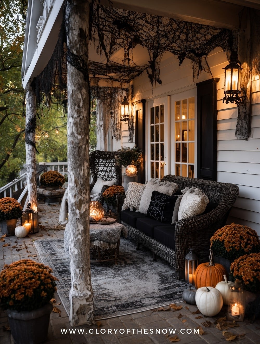 Cozy Halloween Porch With Pumpkins And Spider Webs