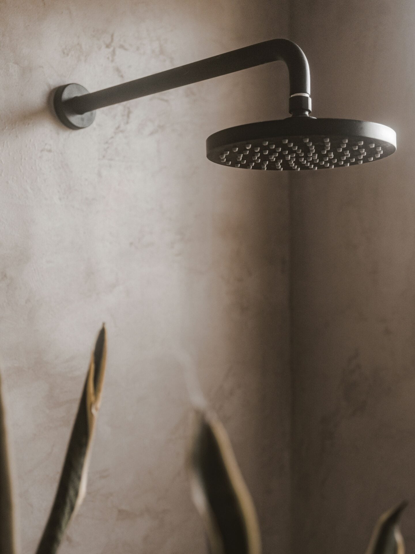Minimalist shower space with a matte black round rainfall showerhead against a textured beige wall.