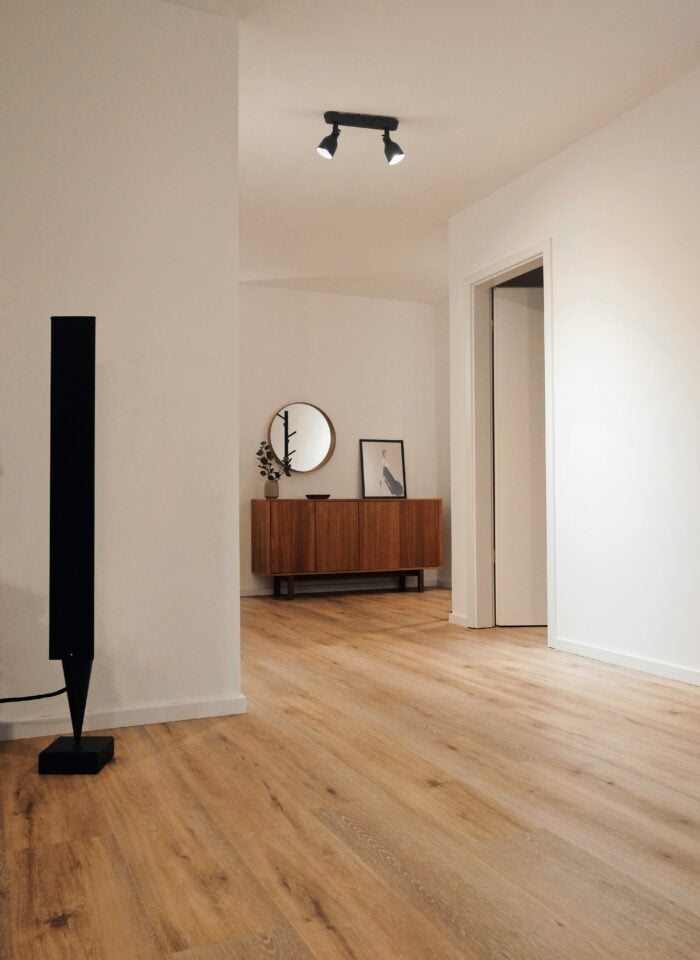 Modern hallway with light wood flooring and minimal interior decor.