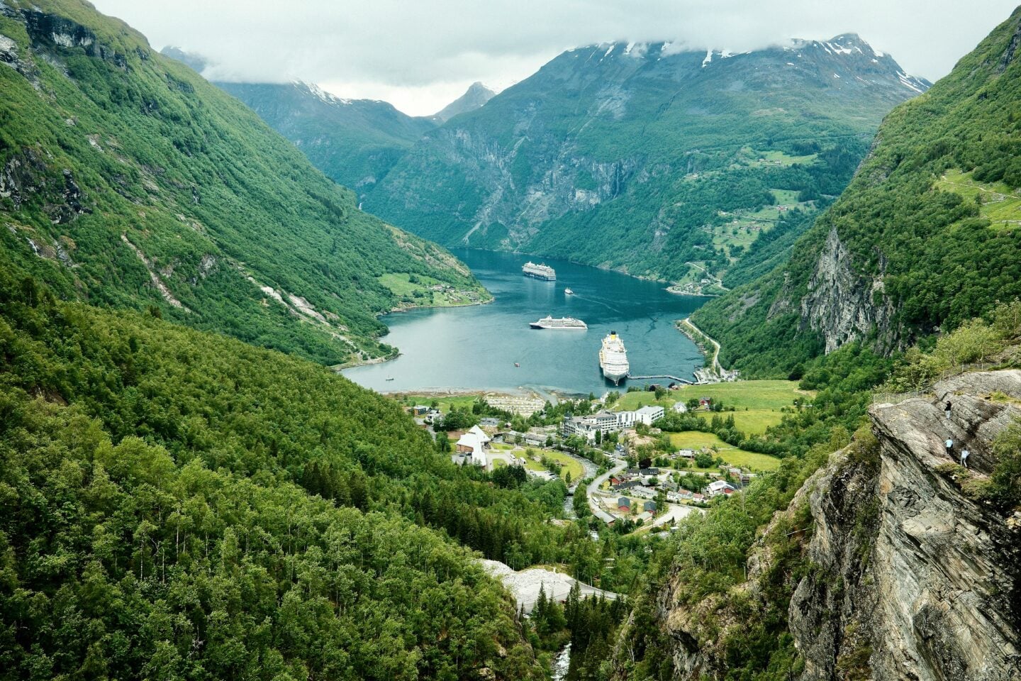 Cruise ships docked in a scenic fjord surrounded by lush green mountains.