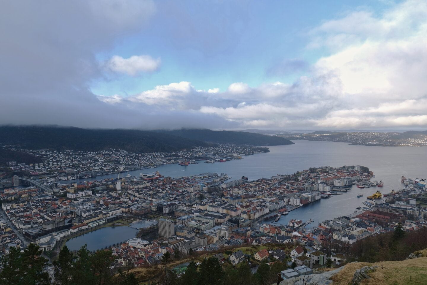 Panoramic view of Bergen from Mount Fløyen overlooking the harbor and surrounding hills, Norway