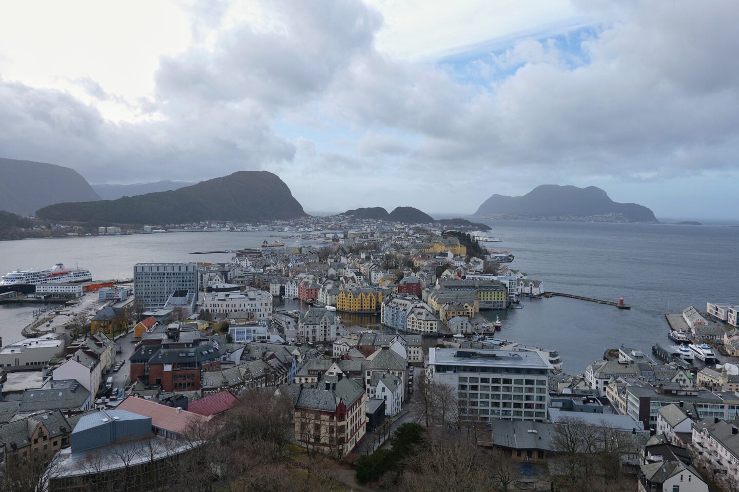 Aerial view of Ålesund and surrounding islands from Mount Aksla viewpoint, Norway