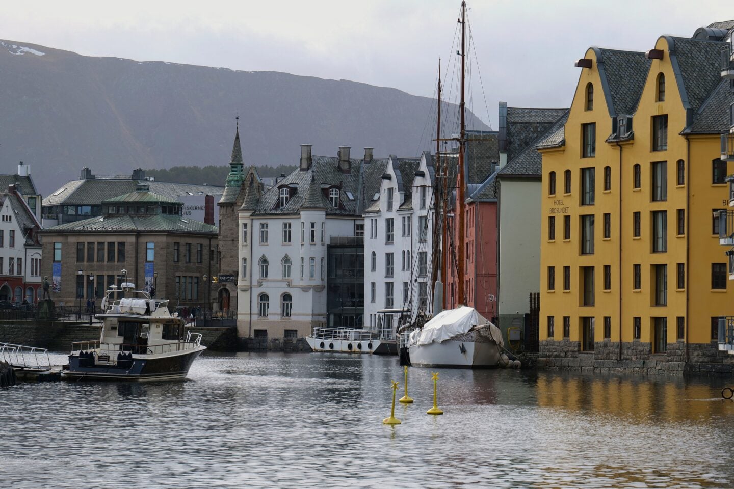 Colorful Art Nouveau buildings and harbor in Ålesund, Norway