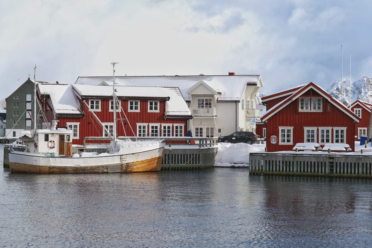 Traditional rorbu fishermen’s cabins along the waterfront in Svolvær, Lofoten Islands, Norway