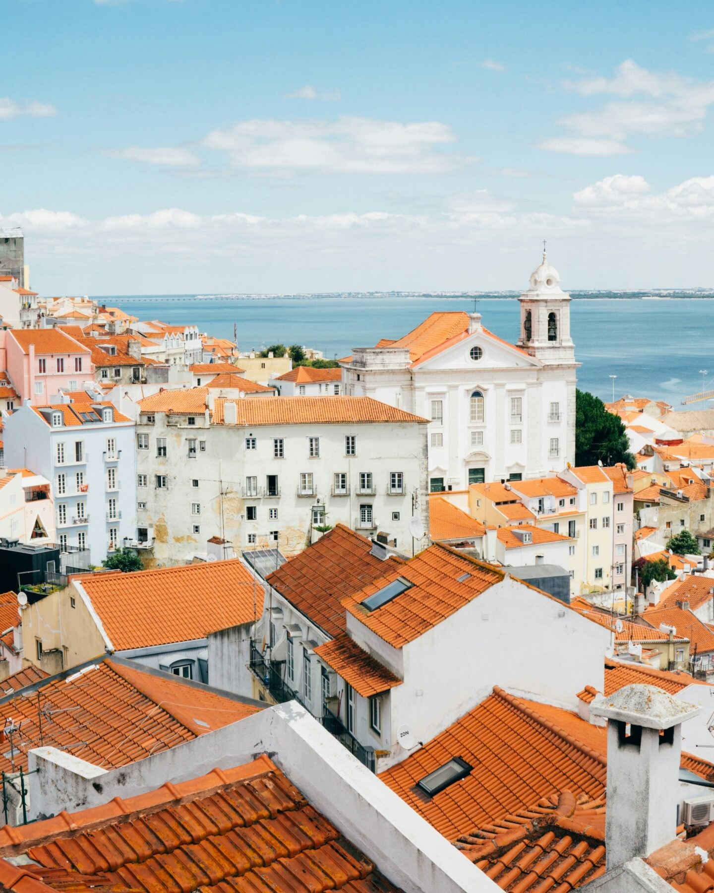 Panoramic view of Lisbon, Portugal, showing white buildings, red-tiled rooftops, and the Tagus River under a blue sky.