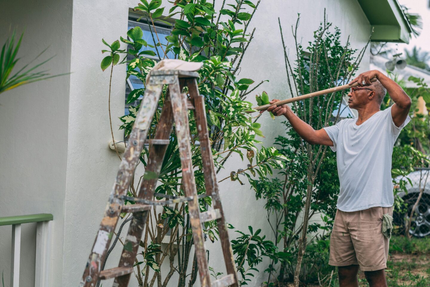Man using a long-handled paint roller to paint the exterior wall of a house, with a ladder and surrounding greenery visible.
