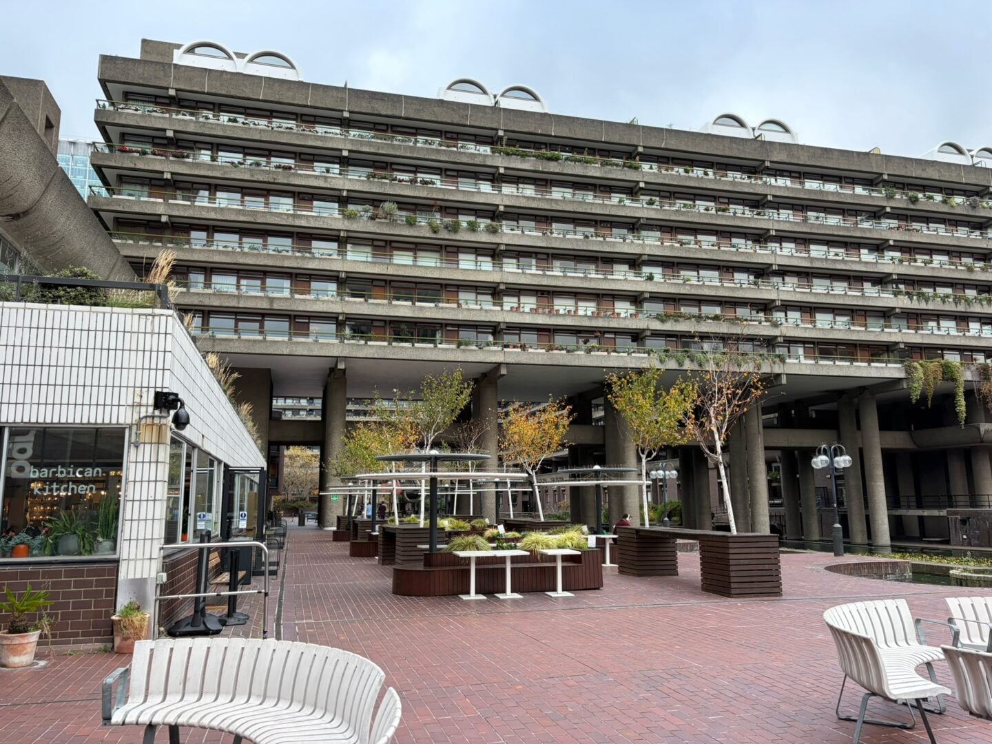 The Barbican Centre courtyard in London on a winter day.