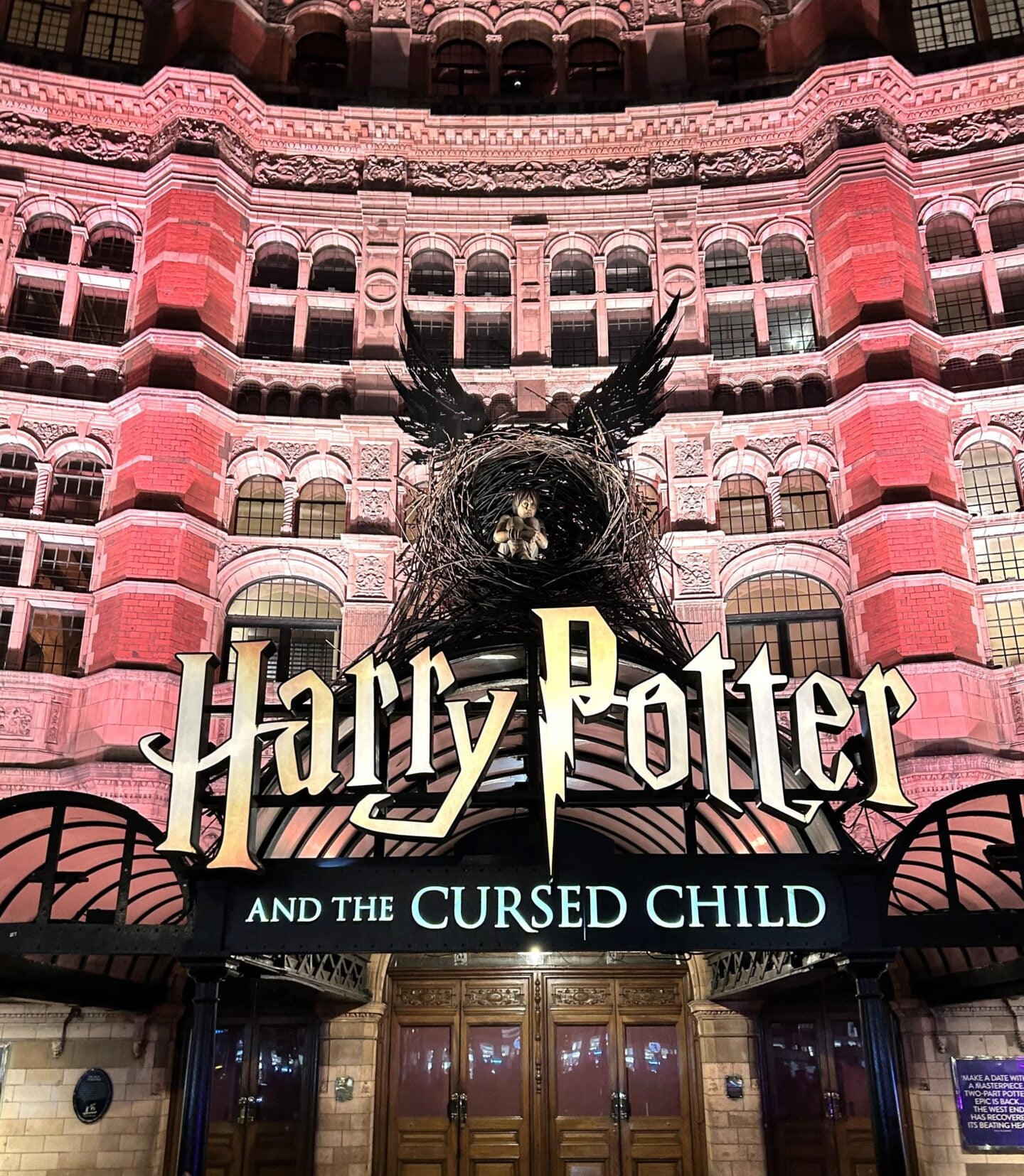 The Harry Potter and the Cursed Child theatre entrance in London, a popular winter West End show for visitors.