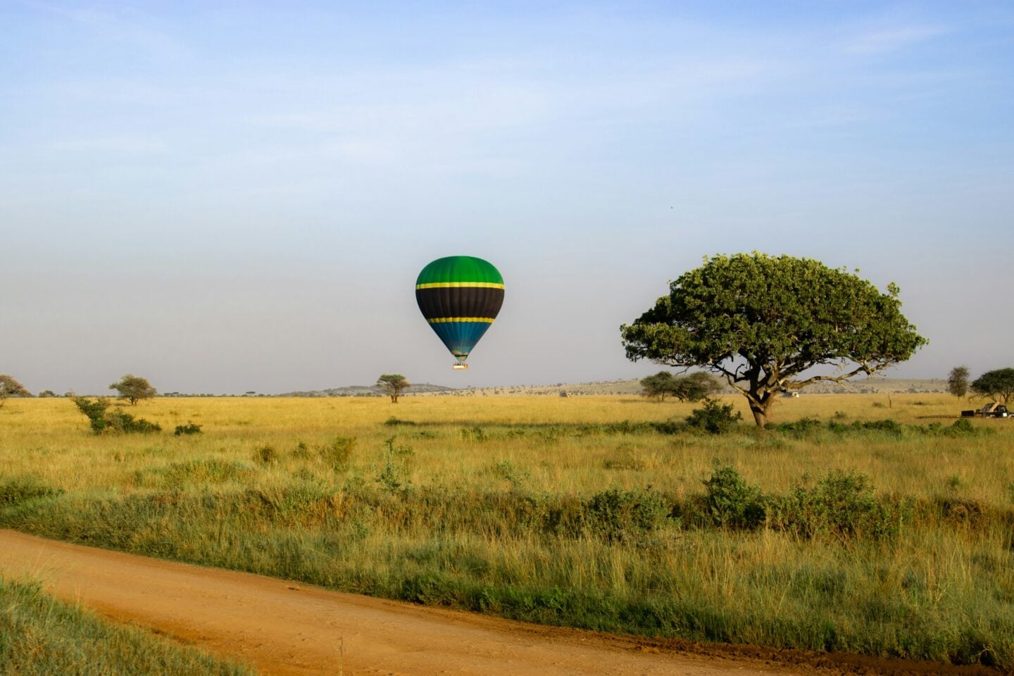A green and black hot air balloon floating above a vast African savannah landscape with scattered trees.