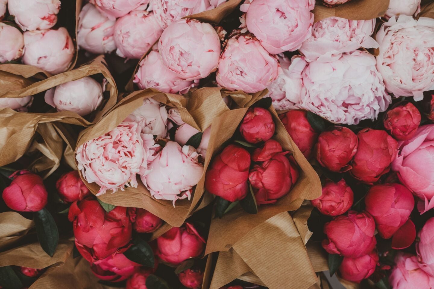 Bouquets of pink and red peonies wrapped in brown paper at a flower market.