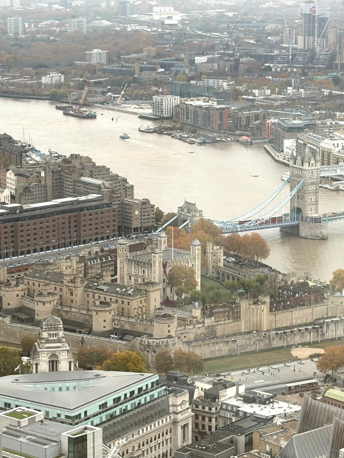 Aerial winter view of the Tower of London and Tower Bridge.