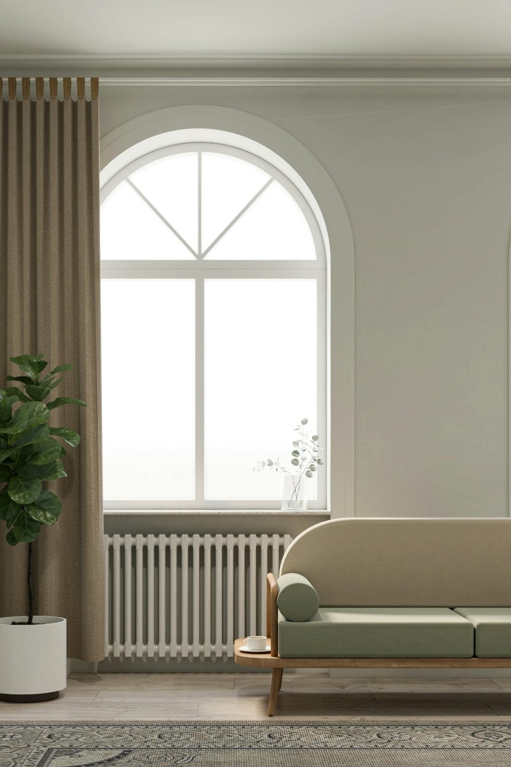 A calm, minimalist living room with a large arched window, beige curtains, and a white radiator beneath the window, featuring a light green sofa and a tall potted plant placed beside it.