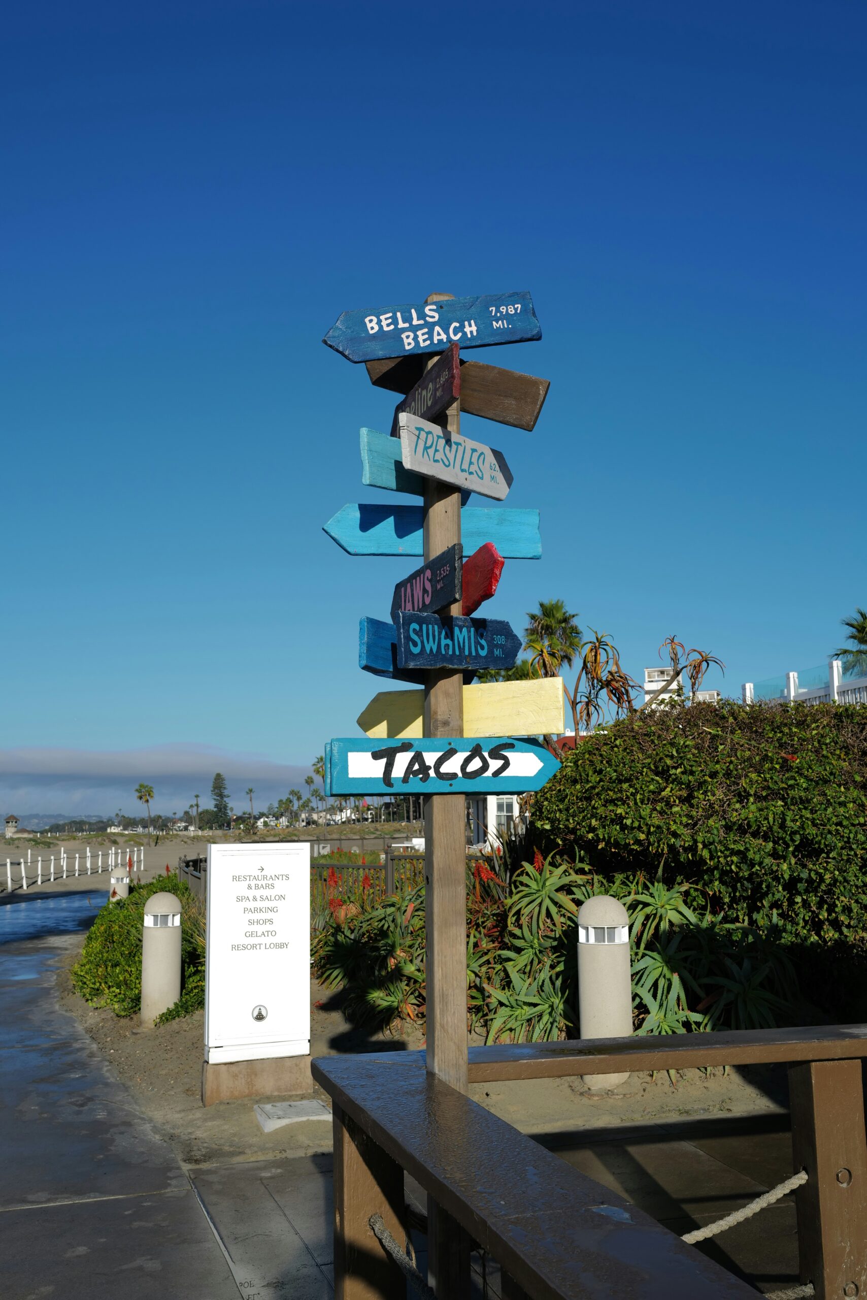 A colorful wooden signpost with hand-painted arrows—reading “Bells Beach,” “Trestles,” “Jaws,” “Swamis,” and “Tacos”—stands along a sunny beachfront walkway in Coronado Beach, Coronado, CA, USA. Palm trees, coastal plants, nearby resort buildings, and a vivid blue sky frame the scene, with the ocean visible in the distance.