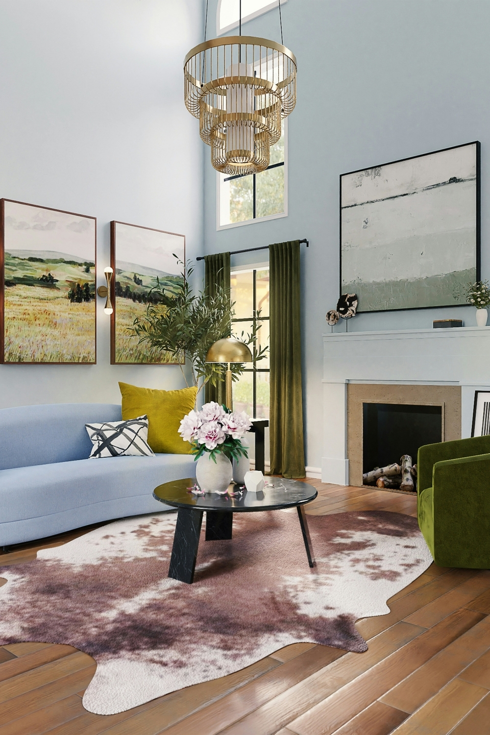 Modern living room with high ceilings, a curved blue sofa, green armchair, round coffee table, and a statement chandelier above.