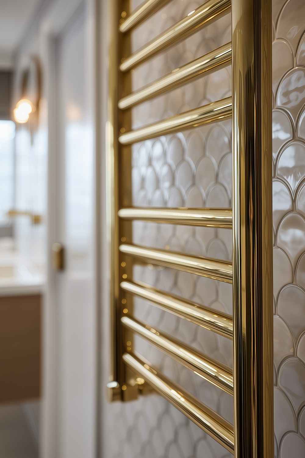 Close-up of a brushed gold heated towel rail mounted on a white tiled bathroom wall.