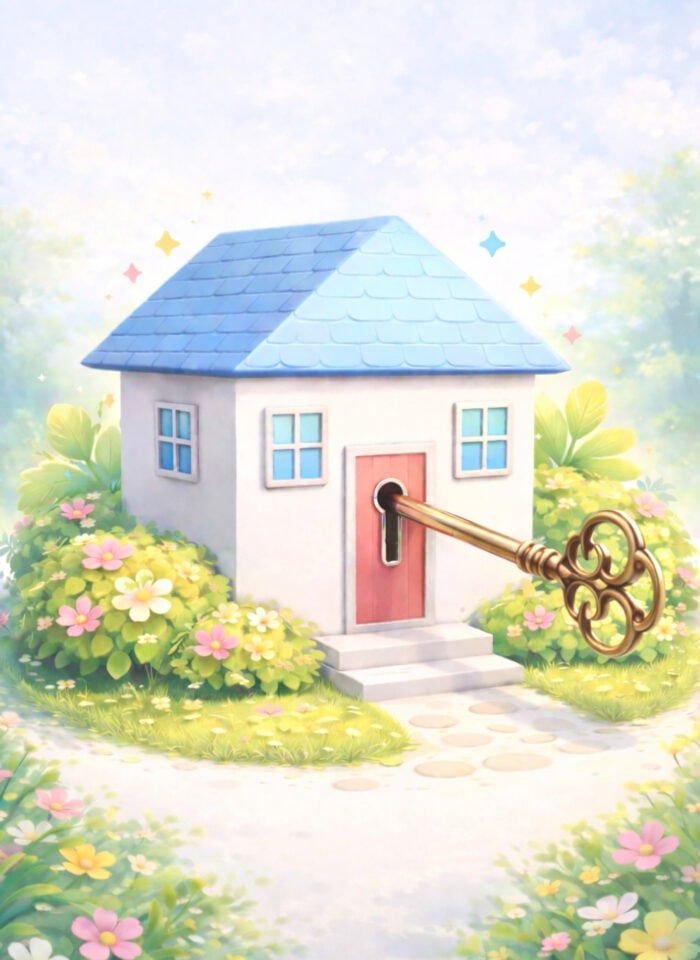 Colorful illustration of a small house with a blue roof and a vintage key in the door surrounded by flowers representing home security.