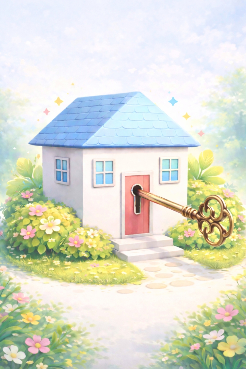 Colorful illustration of a small house with a blue roof and a vintage key in the door surrounded by flowers representing home security.