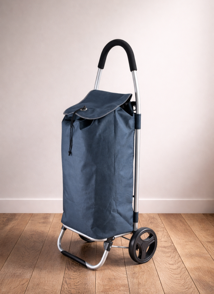 A modern folding shopping trolley with a dark blue fabric bag and silver metal frame standing on a wooden floor against a plain beige wall.