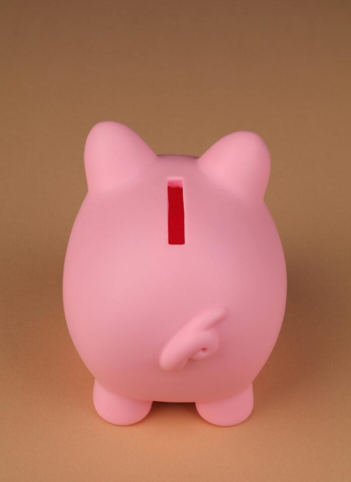 Pink piggy bank viewed from the back with a red coin slot and curly tail, placed against a soft beige background.