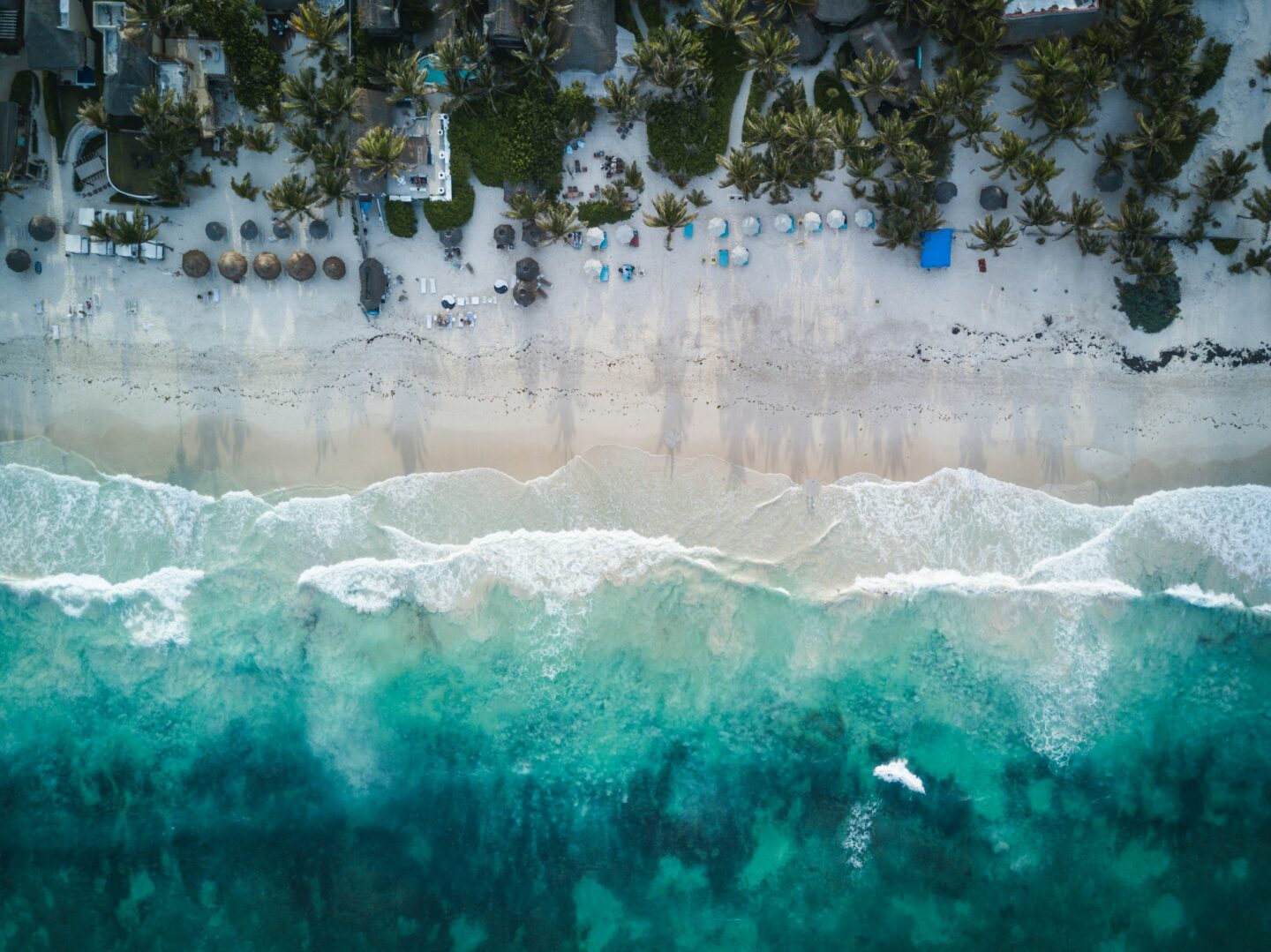 Tulum beach aerial view with turquoise Caribbean sea waves and palm trees along the white sand beach 