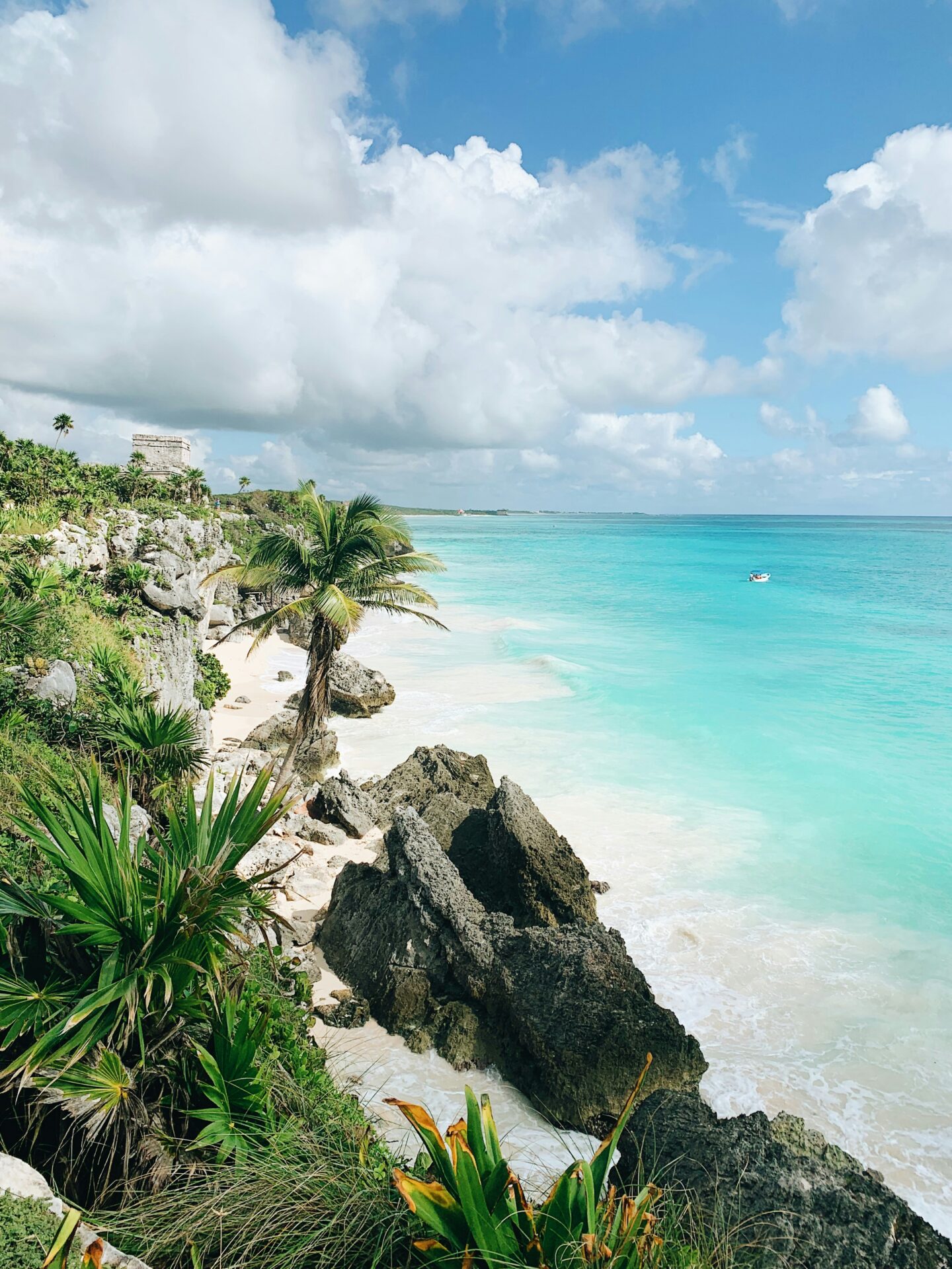 Tulum Mexico coastline with Mayan ruins on cliffs overlooking turquoise Caribbean sea tropical travel destination