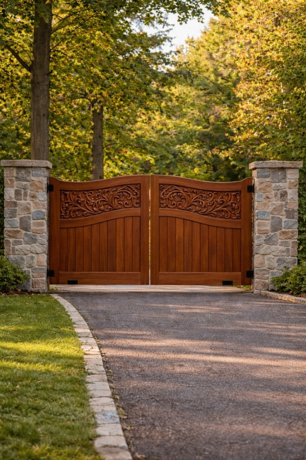 Wooden driveway gate with decorative carved panels between stone pillars at the entrance to a private tree-lined property, viewed from a paved driveway on a sunny day.