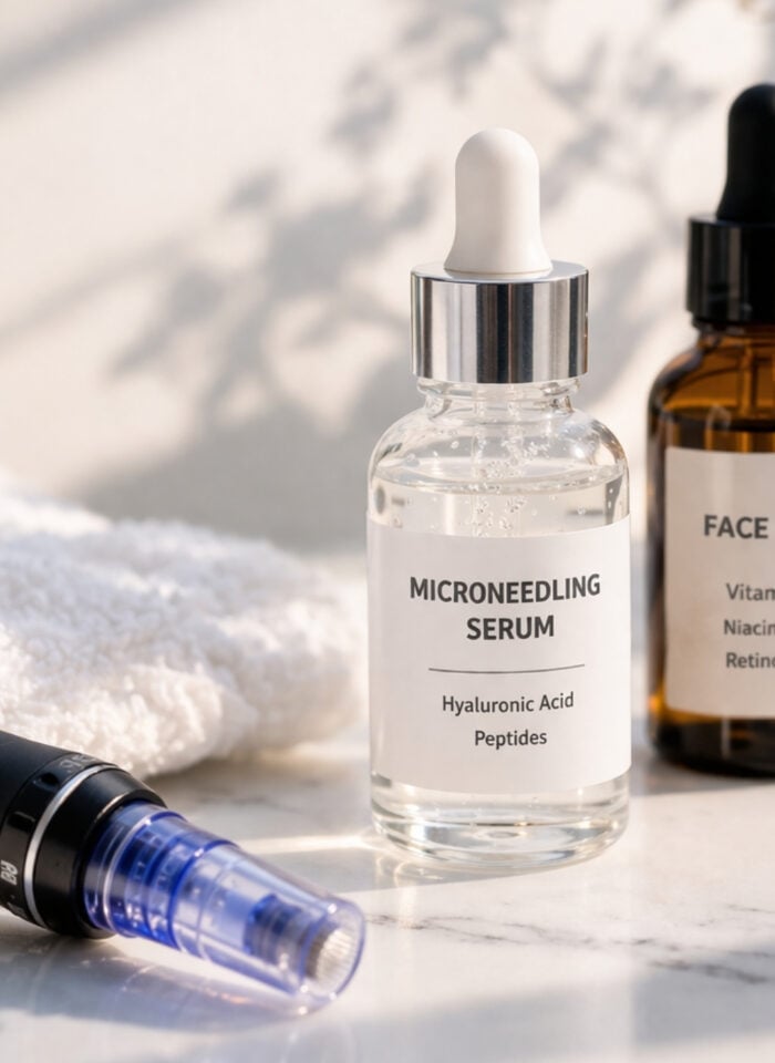 Microneedling device with blue needle cartridge beside hyaluronic acid serum and face serum bottles on a marble surface, styled with a white towel and soft natural light.