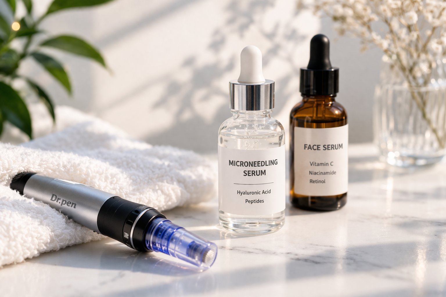 Microneedling device with blue needle cartridge beside hyaluronic acid serum and face serum bottles on a marble surface, styled with a white towel and soft natural light.