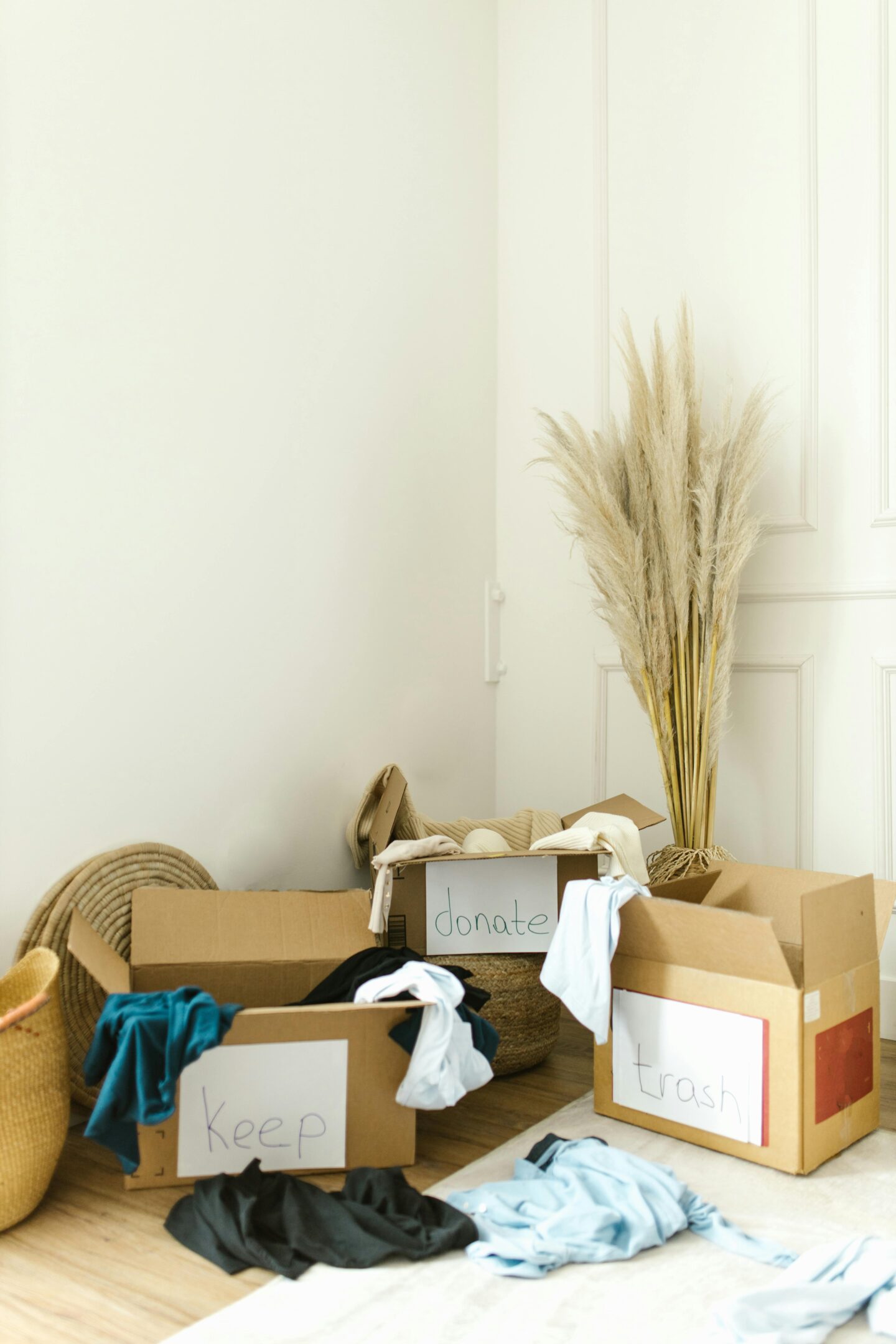 Minimalist corner of a bright room with cardboard boxes labeled keep, donate, and trash filled with clothes, showcasing home decluttering and organizing before a move, with neutral decor, woven baskets, and dried pampas grass in a soft, airy interior.