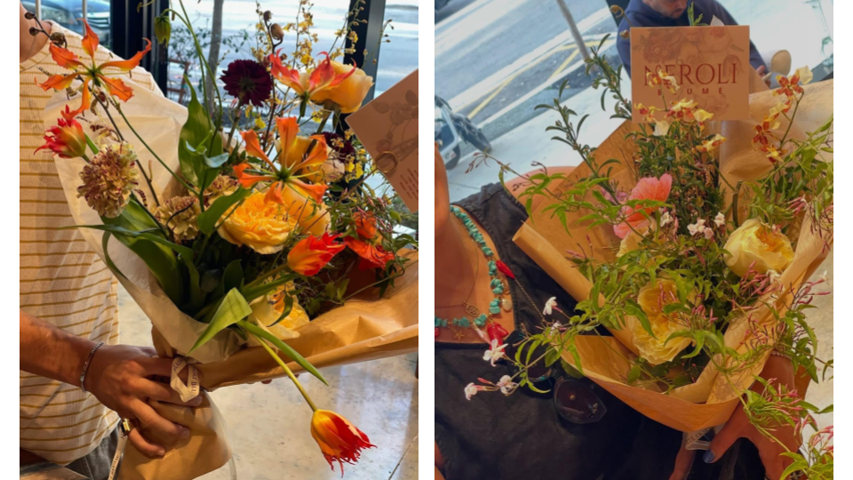Two hand-held bouquets featuring vibrant orange lilies, yellow roses, and wildflowers alongside a softer mixed arrangement with greenery.