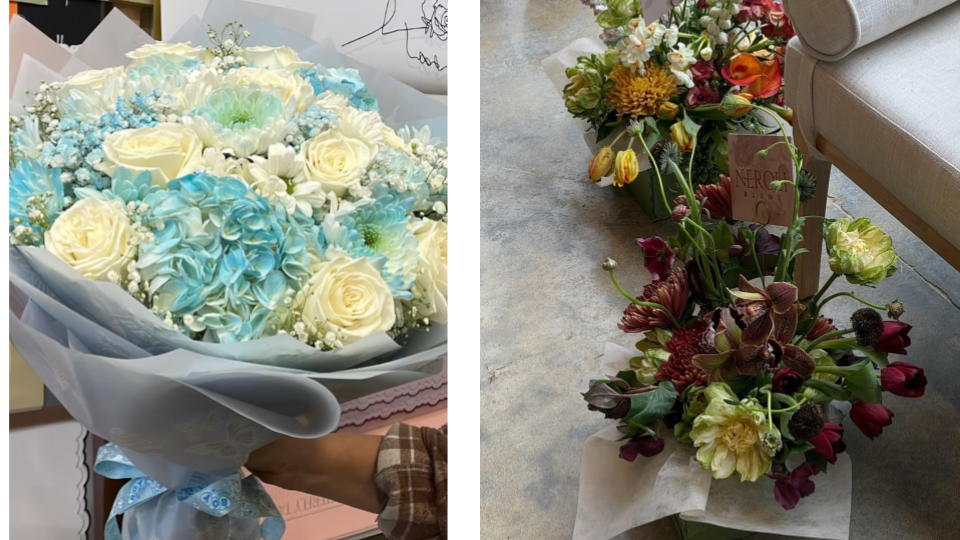 Two contrasting floral arrangements, one a blue and white bouquet with hydrangeas and roses, and the other a rich, autumn-toned arrangement placed on the floor near a sofa.