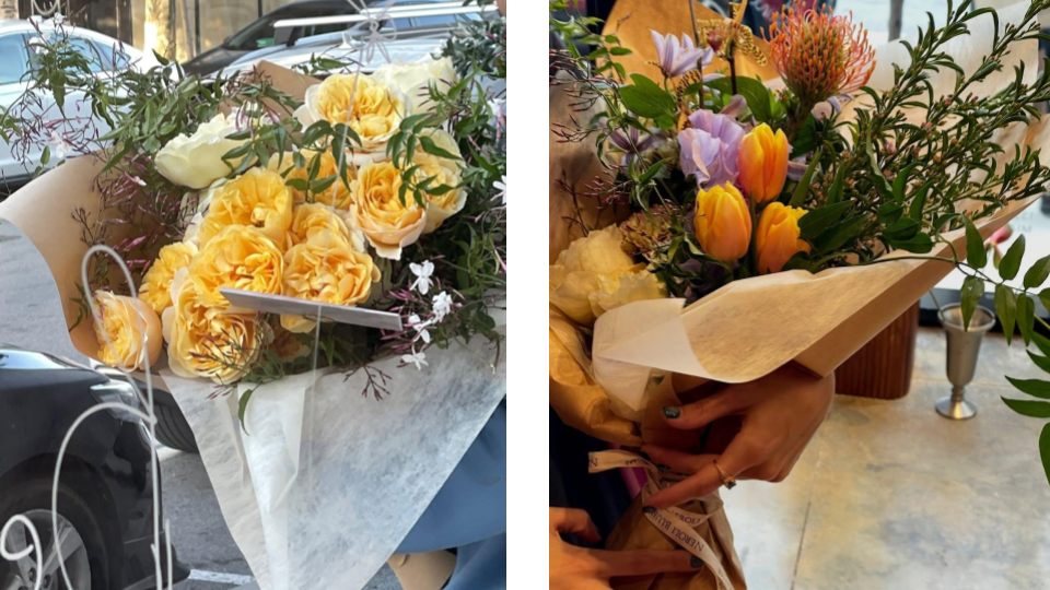 Two bouquets, one with fresh yellow roses and greenery wrapped in paper outdoors, and another smaller arrangement with orange tulips and purple flowers held indoors.