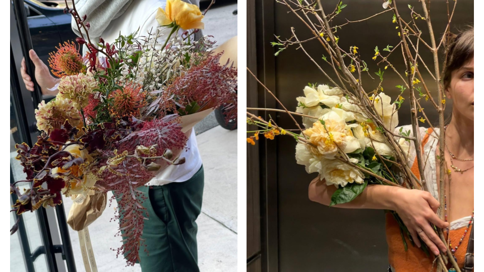 Two bouquets, one a dramatic textured arrangement with burgundy and earthy-toned flowers outdoors, and the other featuring cream roses paired with long natural branches held indoors.