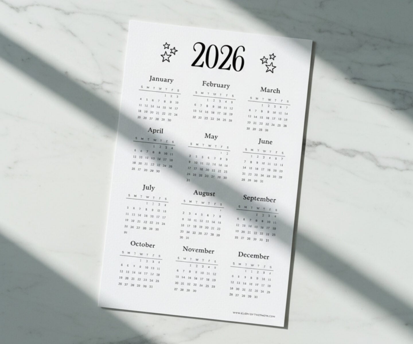 free printable one-page 2026 calendar