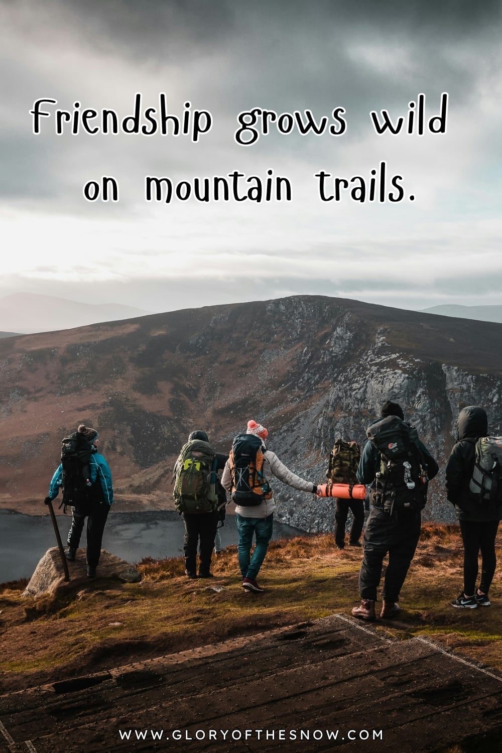 Hikers standing on a rugged mountain viewpoint overlooking dramatic landscapes, featuring the quote “Friendship grows wild on mountain trails” about friendship, mountain hiking, and the beauty of nature.