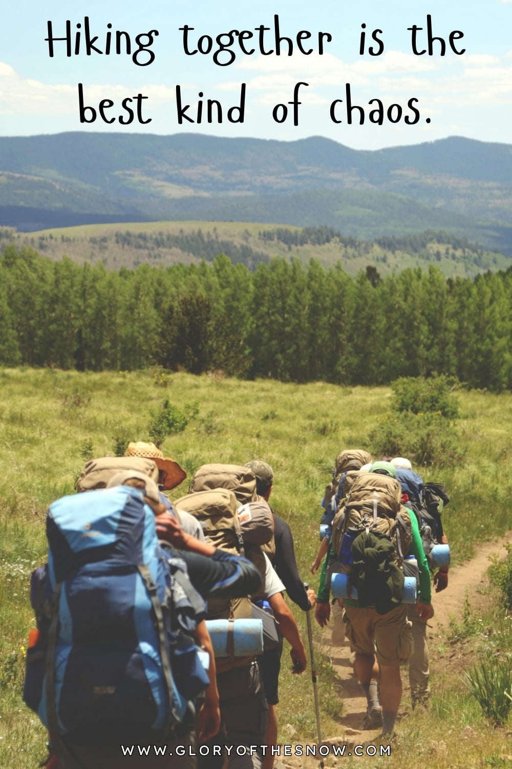 A group of backpackers hiking through open countryside on a sunny day, featuring the quote “Hiking together is the best kind of chaos” about group hiking adventures and outdoor friendship.