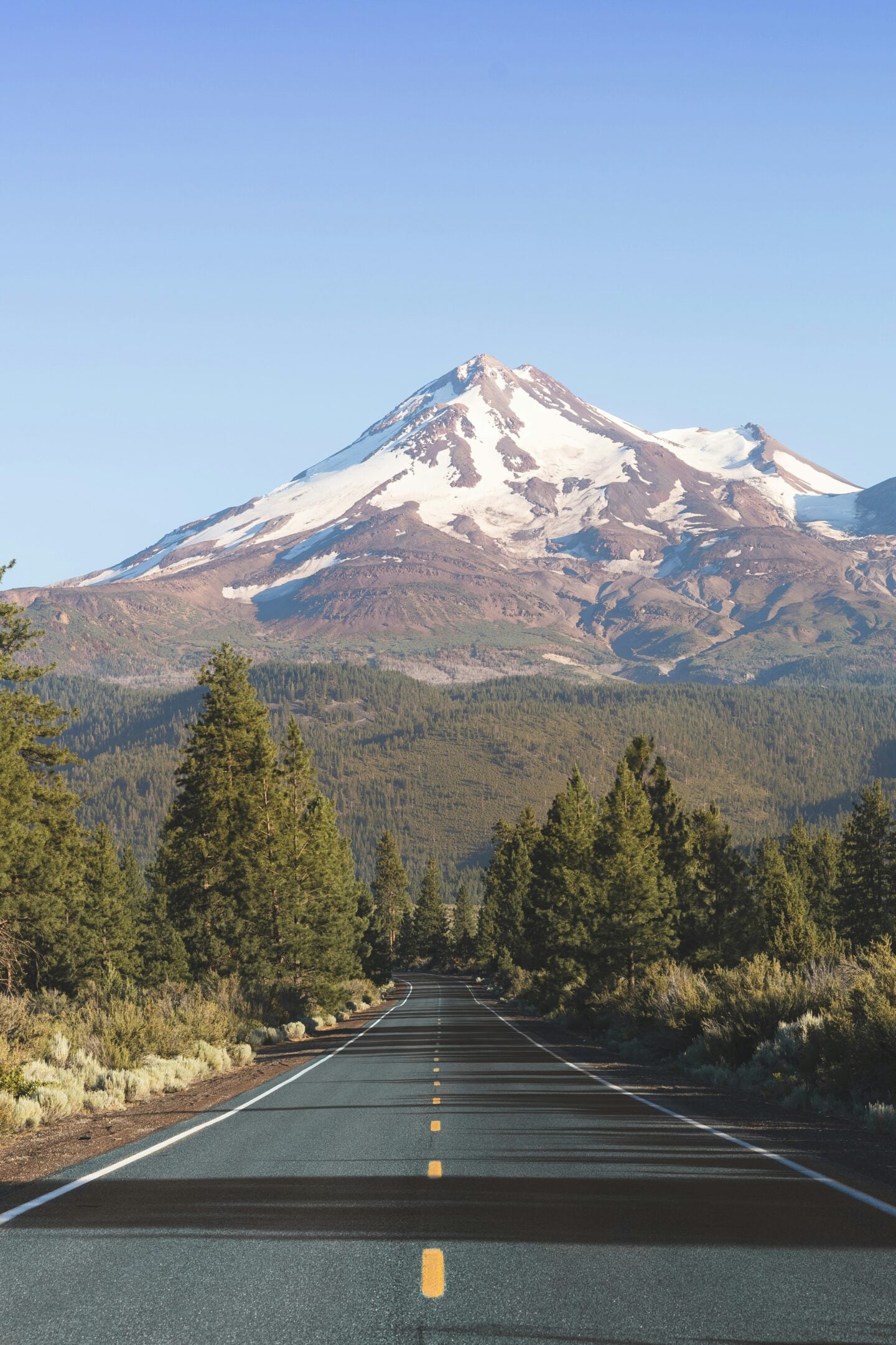 Scenic road leading through a pine forest toward the snow-capped peak of Mount Shasta in California, USA.