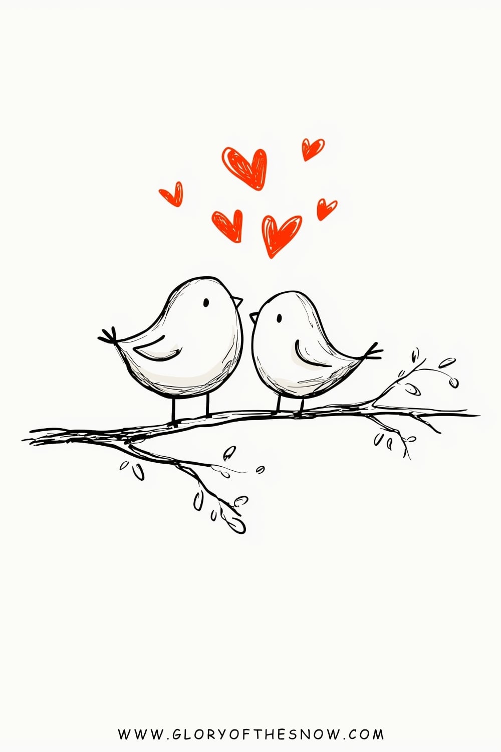 Love drawing ideas easy: two cute birds sitting together on a branch with red hearts above them.