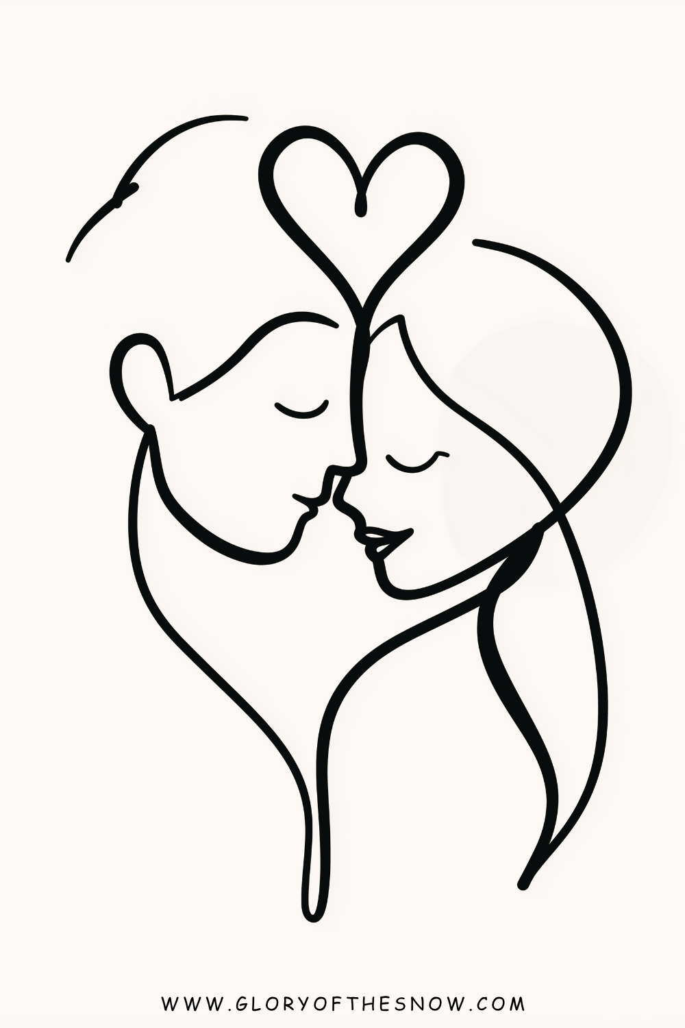 Love drawing ideas easy: minimalist one-line drawing of a couple with their foreheads touching and a heart above their heads.