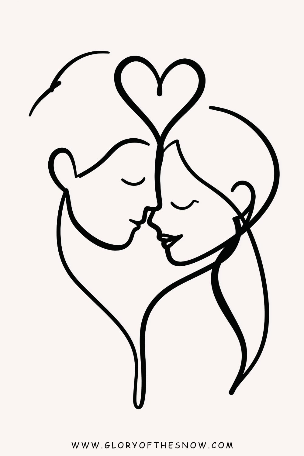 Love drawing ideas easy: minimalist one-line drawing of a couple with their foreheads touching and a heart above their heads.