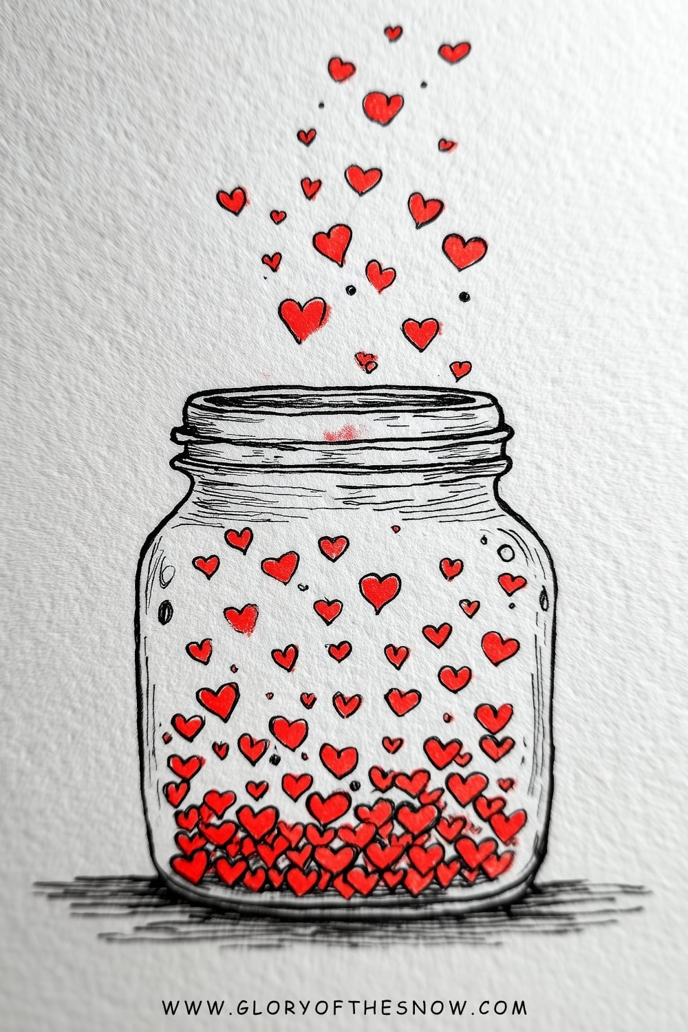 Love drawing ideas easy: glass jar filled with tiny red hearts spilling upward into the air.